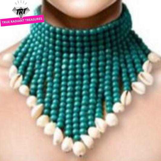 Green and white beaded shelled necklace to match teal, white, or black dress for parties. TRT Accessories Collection.