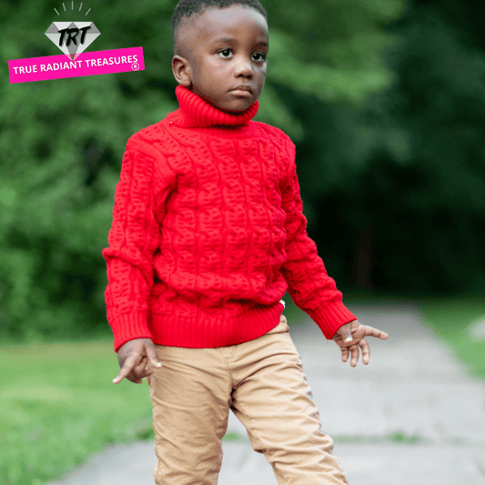 Kids Unisex Turtleneck Sweater - Cotton, turn-down collar, full-length sleeves, patch designs, sizes 13 months to 12 years.