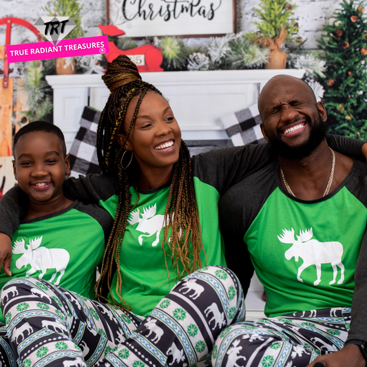 Family Matching Green Moose Christmas Pajama Set - Long Black Sleeves and Festive Print for Warmth and Comfort