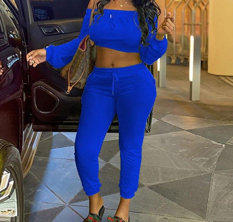 Blue Women's Slash Neck 2-Piece Tracksuits - Trendy and Comfy Polyester Outfits with Elastic Waist and Pullover Closure, Available in Different Colors and Size