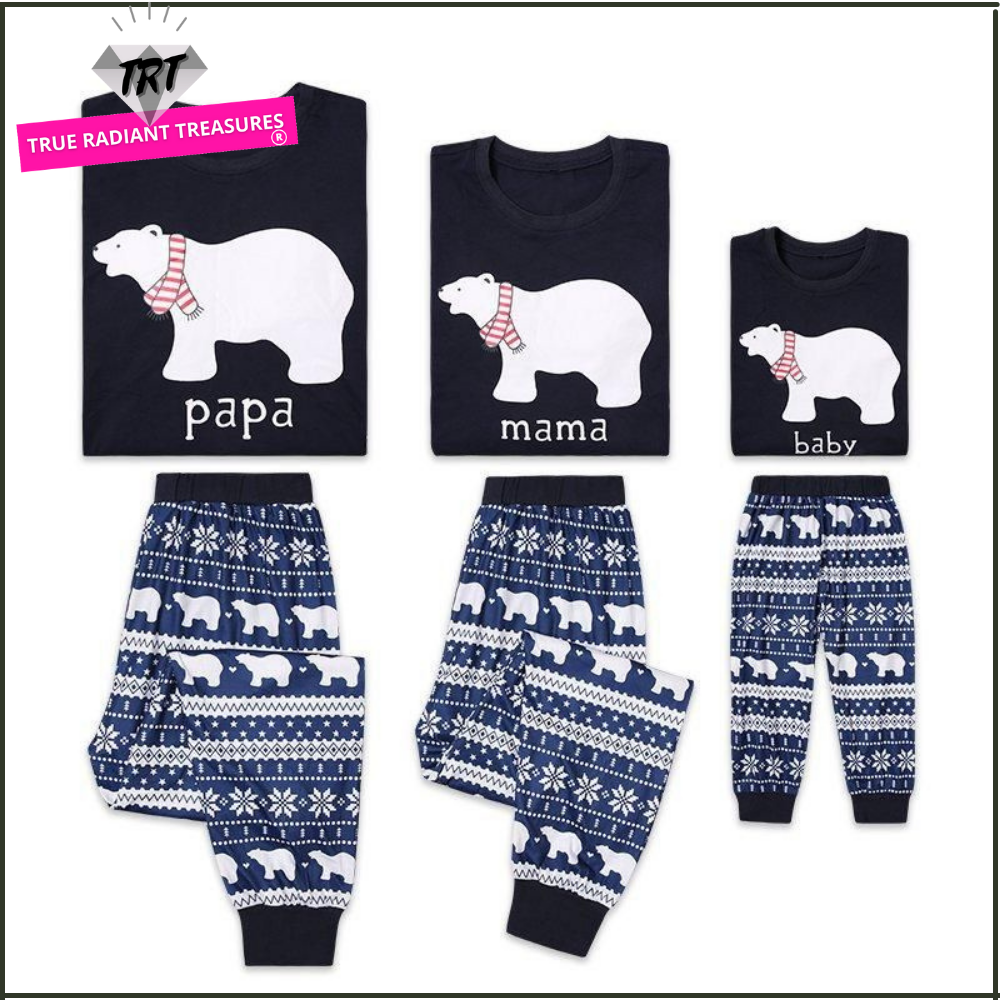 Family Matching Bear Pajama Set - Black Long Sleeve Shirt and Printed Blue, White, and Black Pajamas for Mama, Papa, and Baby Bear