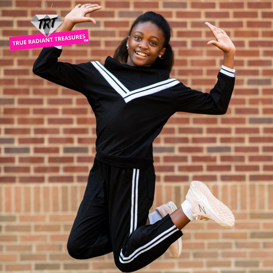 Girls Long Sleeve & Pants Set - Comfortable cotton outfit for active girls. Sporty style. Available in black and white. Sizes for girls aged 4 to 12 years old.