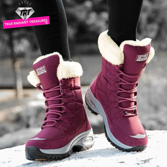 Fashionable Warm Mid-Calf Women's Boots with wedges heel and round toe, available in beige, black, and red for a stylish and cozy Fall and Winter footwear option.