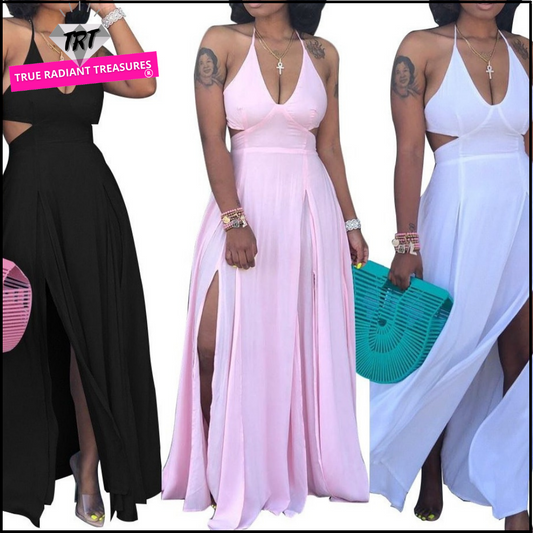 V-neck Open Back Dress made of polyester and spandex, perfect for parties and dates with a spaghetti strap, backless design, and slits, floor-length.