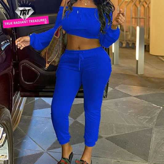 Blue Women's Slash Neck 2-Piece Tracksuits - Trendy and Comfy Polyester Outfits with Elastic Waist and Pullover Closure, Available in Different Colors and Size