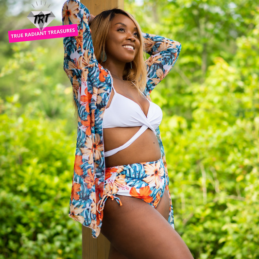A woman wearing a Summer Sexy Floral Print Swimsuit, with a beautiful floral print design and made of comfortable cotton and polyester fabric.