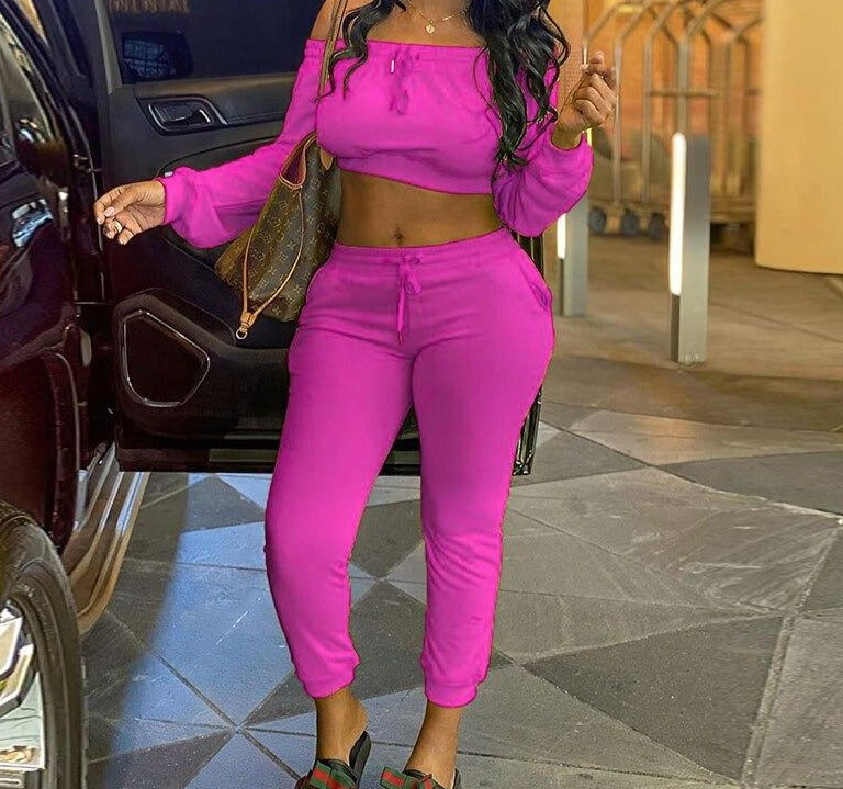 Pink Women's Slash Neck 2-Piece Tracksuits - Trendy and Comfy Polyester Outfits with Elastic Waist and Pullover Closure, Available in Different Colors and Size