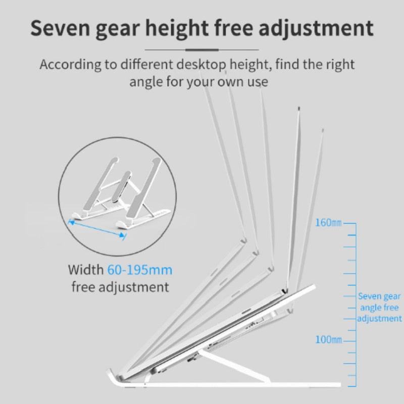 Durable and adjustable laptop stand with improved air circulation and ergonomic design.