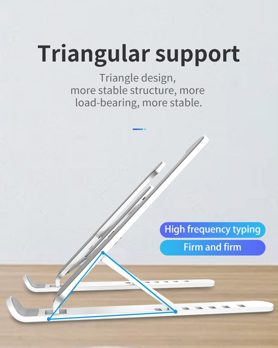 Durable and adjustable laptop stand with improved air circulation and ergonomic design.