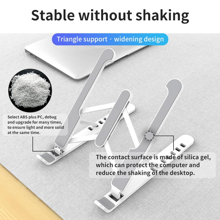 Durable and adjustable laptop stand with improved air circulation and ergonomic design.