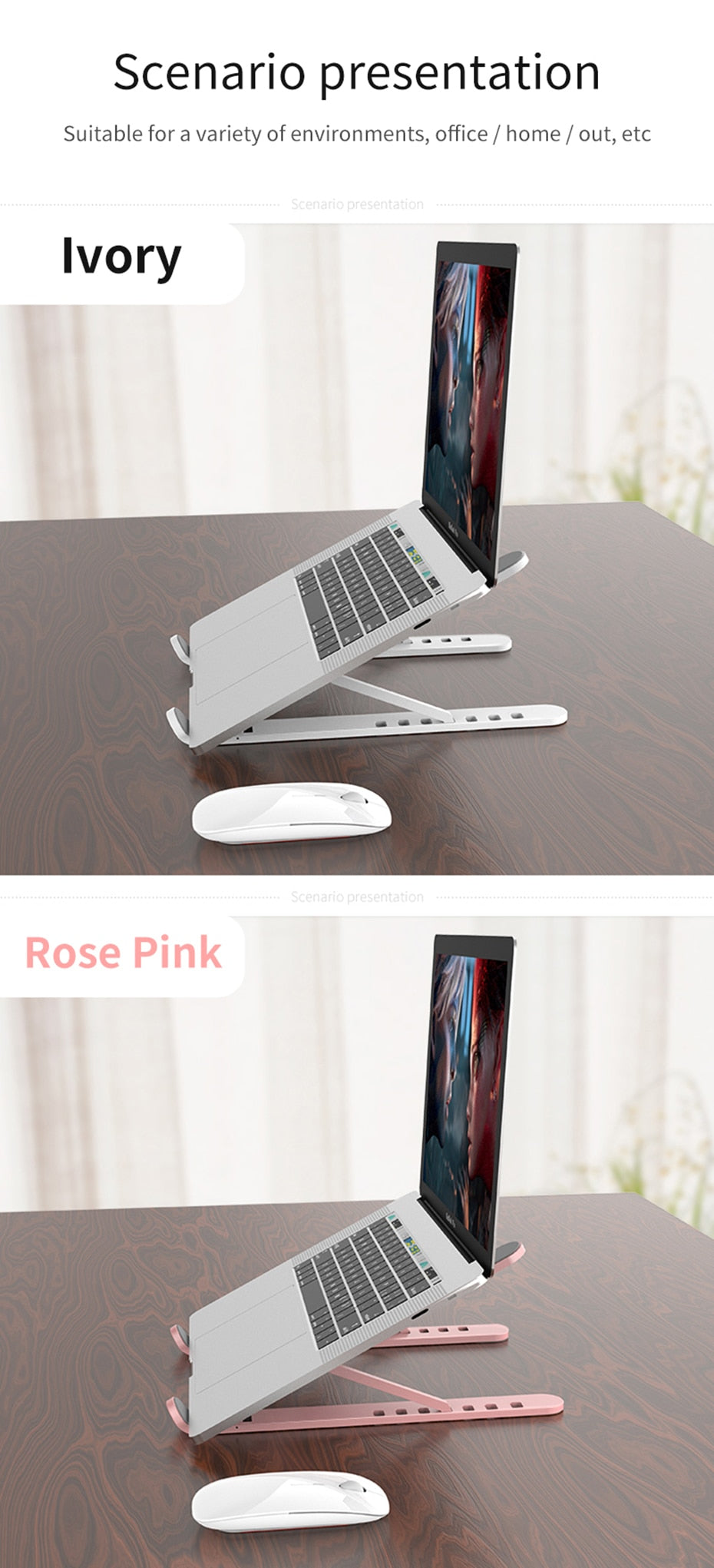 Durable and adjustable laptop stand with improved air circulation and ergonomic design.