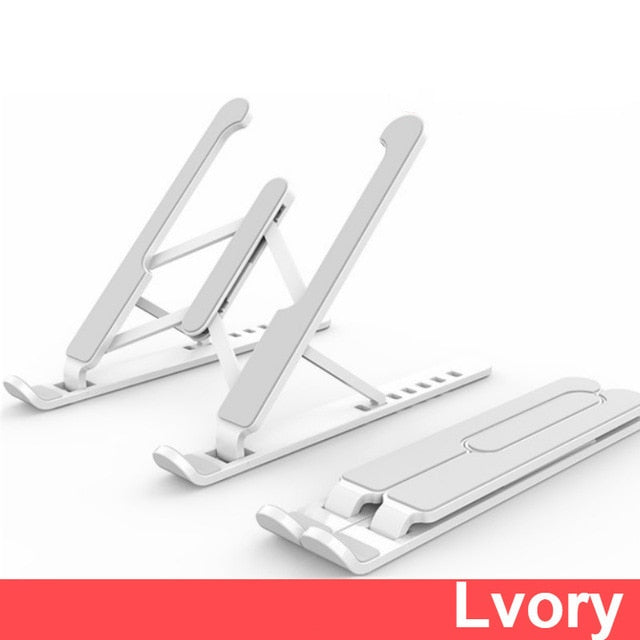 Durable and adjustable laptop stand with improved air circulation and ergonomic design.