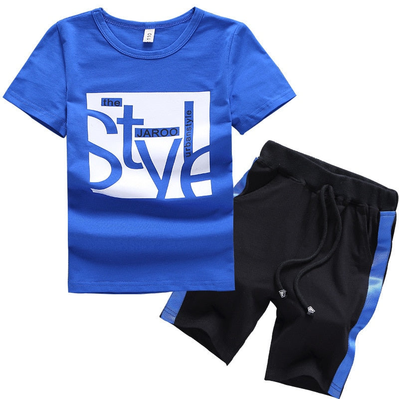 Image of a sports shirt and shorts in a fun design. Made from breathable cotton and polyester for comfort and durability during outdoor play and school sports activities.