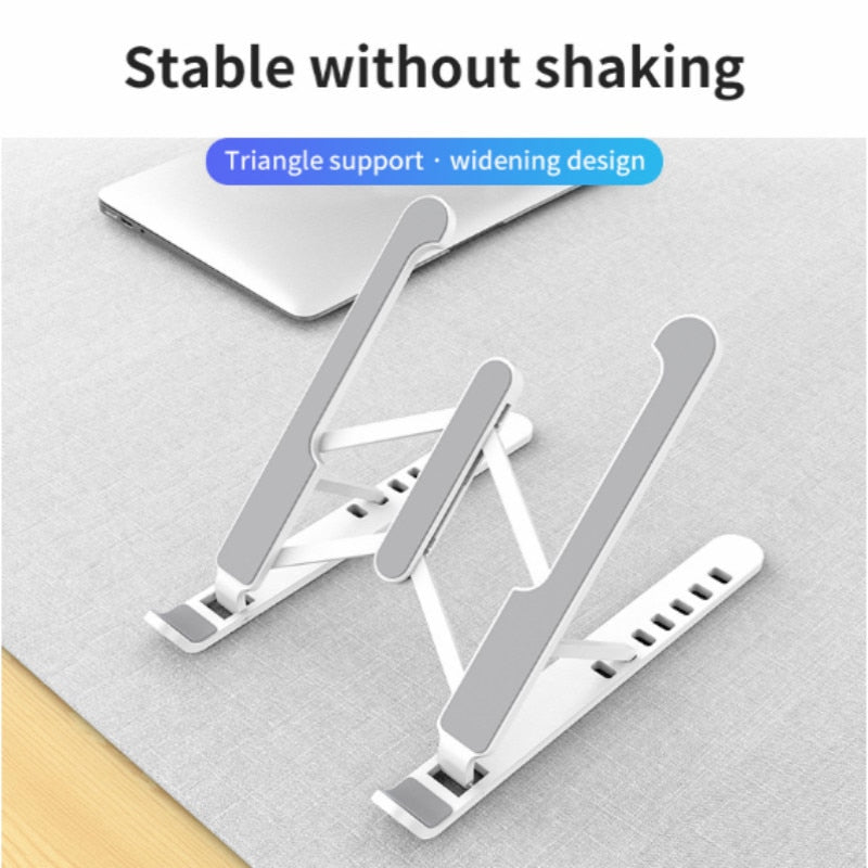 Durable and adjustable laptop stand with improved air circulation and ergonomic design.