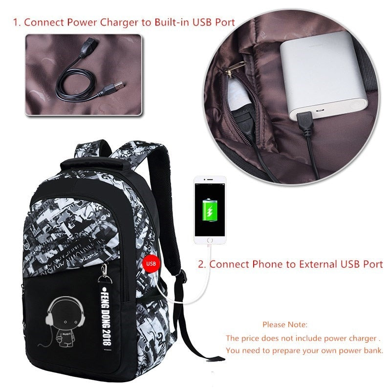 Durable and waterproof Teenage School Backpack made of oxford fabric. Ideal for school or travel. Features USB port for device charging. Spacious design for laptops, tablets, and books.