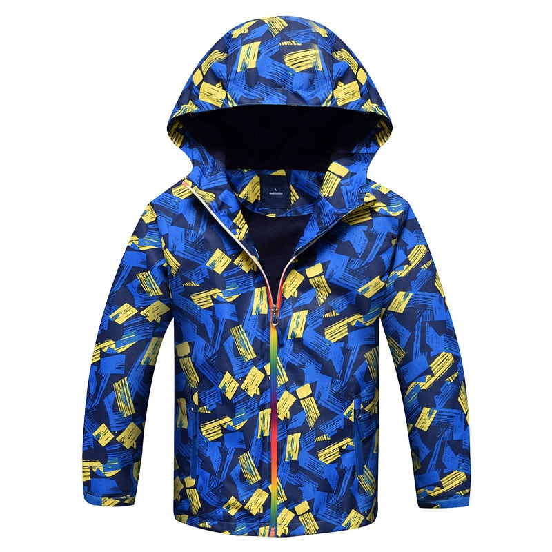 Waterproof and windproof hooded jacket, perfect for the colder months. Made of durable polyester, this stylish and comfortable jacket comes in different colors and sizes to suit your child's preferences.