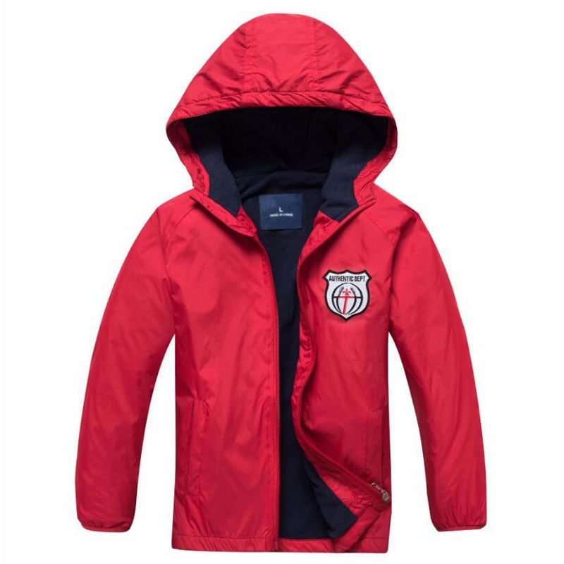 Waterproof and windproof hooded jacket, perfect for the colder months. Made of durable polyester, this stylish and comfortable jacket comes in different colors and sizes to suit your child's preferences.