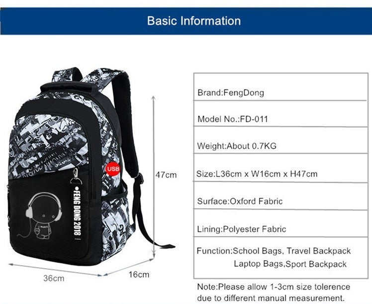 Durable and waterproof Teenage School Backpack made of oxford fabric. Ideal for school or travel. Features USB port for device charging. Spacious design for laptops, tablets, and books.