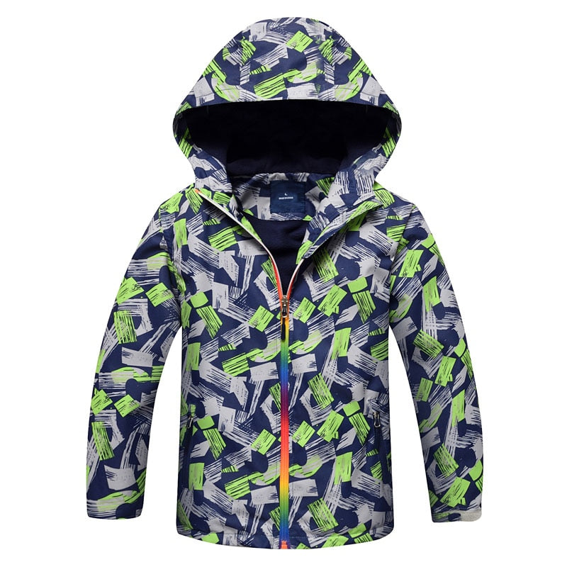 Waterproof and windproof hooded jacket, perfect for the colder months. Made of durable polyester, this stylish and comfortable jacket comes in different colors and sizes to suit your child's preferences.