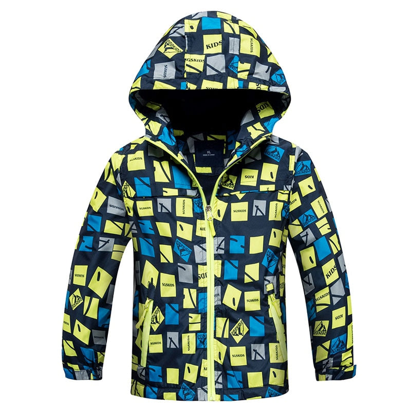 Waterproof and windproof hooded jacket, perfect for the colder months. Made of durable polyester, this stylish and comfortable jacket comes in different colors and sizes to suit your child's preferences.