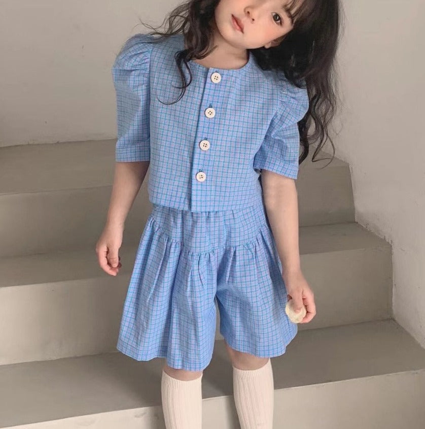 Image of Short-Sleeved Tops and Culottes Set - Fun and stylish outfit for girls. Includes a unique puff sleeve style top and culottes shorts. Perfect for walks and playtime in the park. Let your daughter make this her favorite pick!