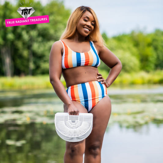 High Waist Striped Bikini - Wire-Free, Cotton, Polyester, and Spandex Material, Available in Different Colors and Sizes. Perfect for Summer Getaways and Pool Parties.