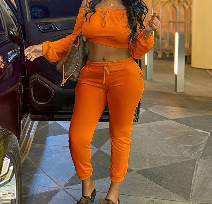 Orange Women's Slash Neck 2-Piece Tracksuits - Trendy and Comfy Polyester Outfits with Elastic Waist and Pullover Closure, Available in Different Colors and Size