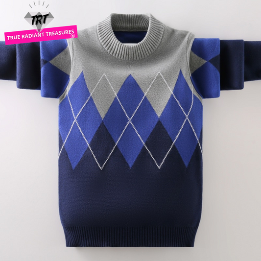 True Radiant Treasures Kids' Knitted Pullover Sweater - Stylish and comfortable cotton sweater with patchwork pattern and pullover sleeves. Available in various colors, designs, and sizes for an ideal fit. True to size, making it easy to choose the perfect one for your child.