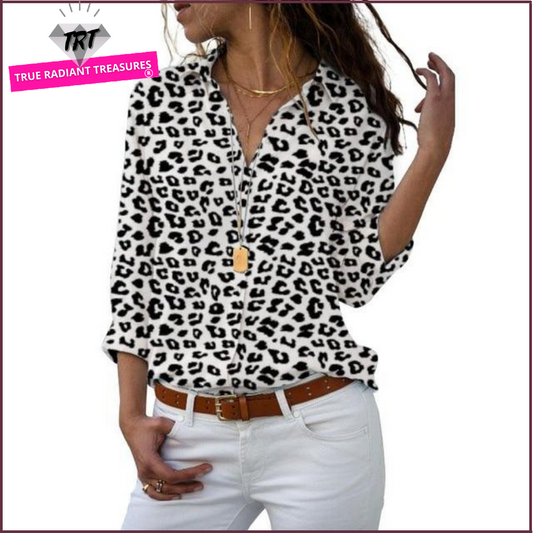 Black and white long-sleeve blouse in different sizes - perfect for summer fashion.