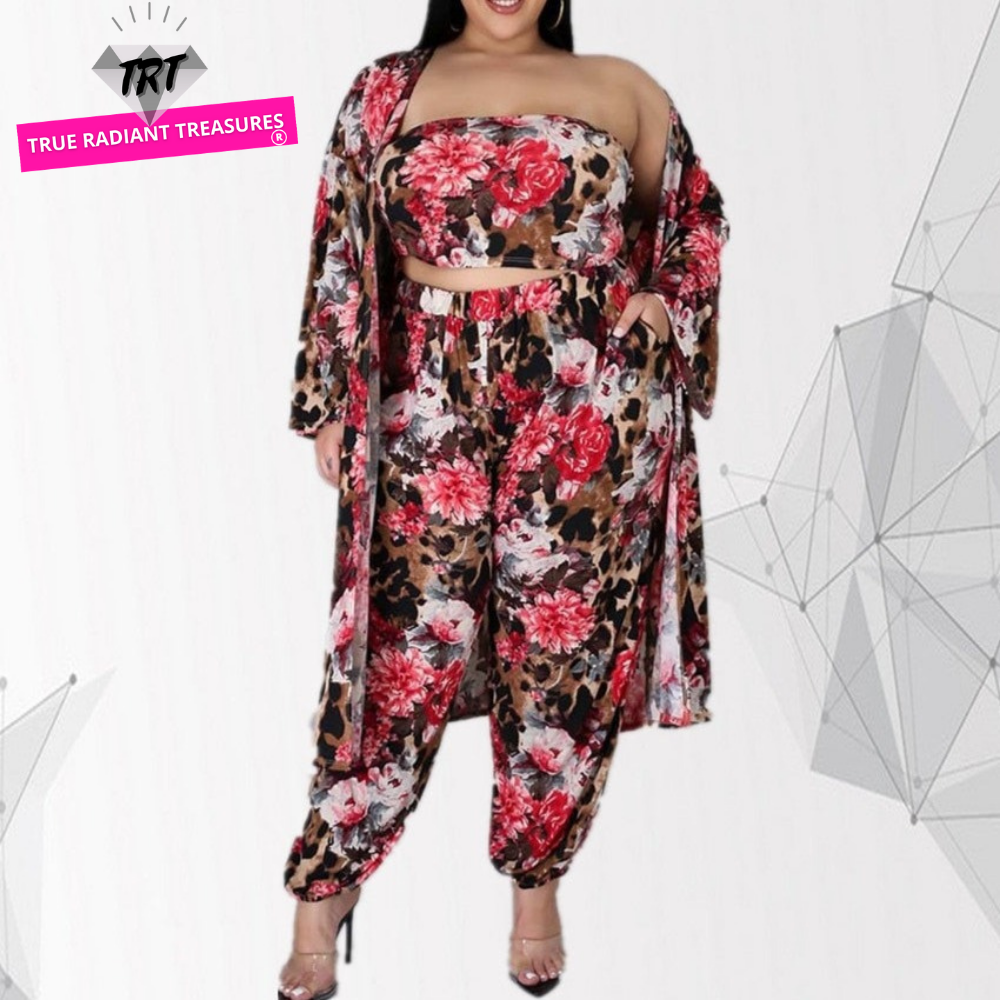 A 3-Piece Floral Set made of polyester with a stretchy waist that can be worn all year round. Perfect for the fall season, this outfit is easy to put together and take off. The set includes a long sleeve coat, sleeveless top, and pants that can be worn separately. Stay comfortable and stylish with this versatile ensemble!