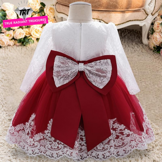 Flower Princess Dress - Adorable holiday dress with princess style, ribbons, and flowers, suitable for girls aged 0-6 months, 7-12 months, and 13-24 months.