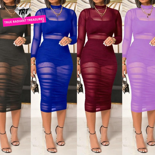 Stunning 3-piece party dress with see-through design, long sleeves, and round neckline.