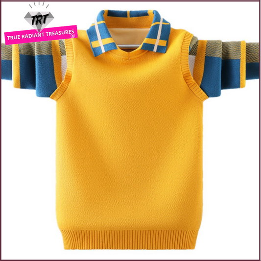 Boy's Knitted Collared Polo - Pure cotton with checkered-style collar and sleeves. Available in various colors and sizes. Stay warm, comfortable, and fashionable.