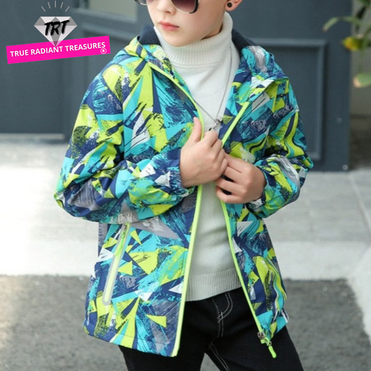 Child wearing a waterproof and windproof hooded jacket, perfect for the colder months. Made of durable polyester, this stylish and comfortable jacket comes in different colors and sizes to suit your child's preferences.