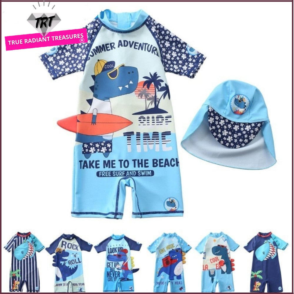 Baby boy beach swimwear with cartoon characters, polyester spandex cotton blend, true to size fit.