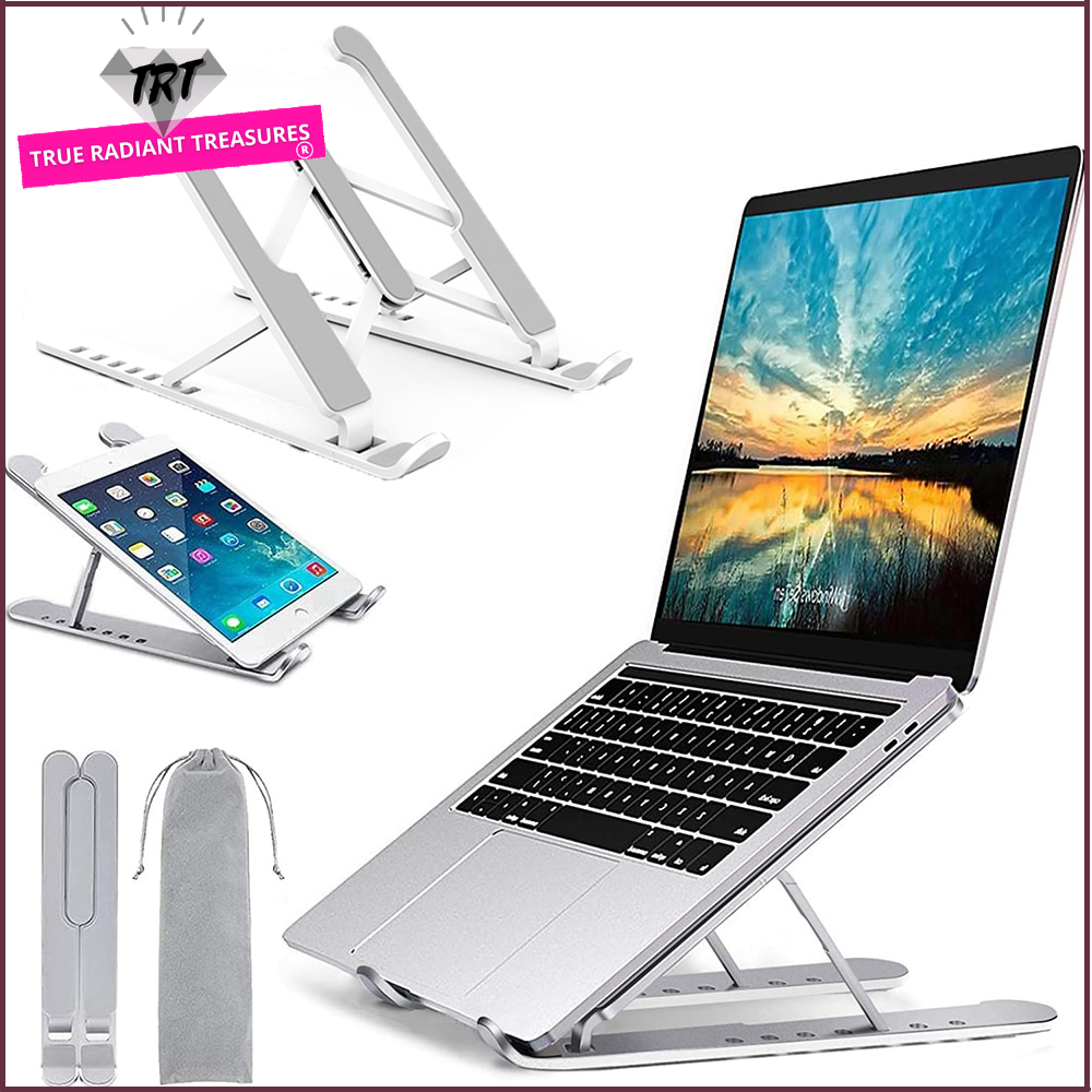 Durable and adjustable laptop stand with improved air circulation and ergonomic design.