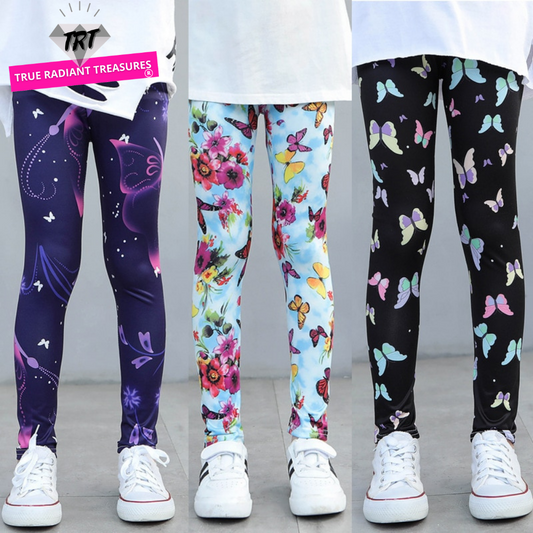 Comfortable Girls' Leggings - Cartoon and Flower Designs - Cotton and Polyester Blend - Elastic Waist - Ideal for School Activities