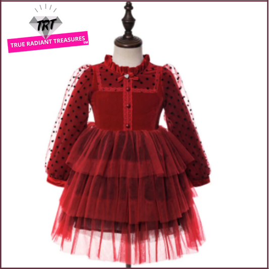 Red Long Sleeve Velvet Girls Dress - Elegant and eye-catching dress with over-draped design and embroidered floral detail.