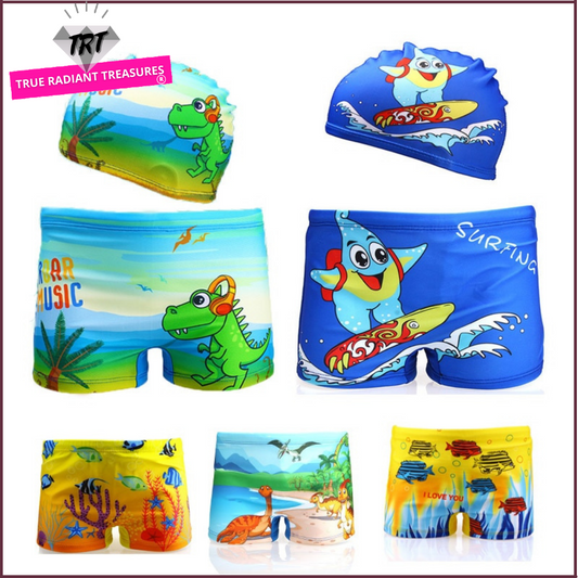 Colorful swimming trunks for boys, polyester material, suitable for ages 2-12, vibrant summer designs.