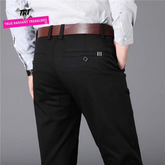 A pair of Straight Office Male Trousers in various colors, featuring a timeless classy design and an elastic waistband for comfort