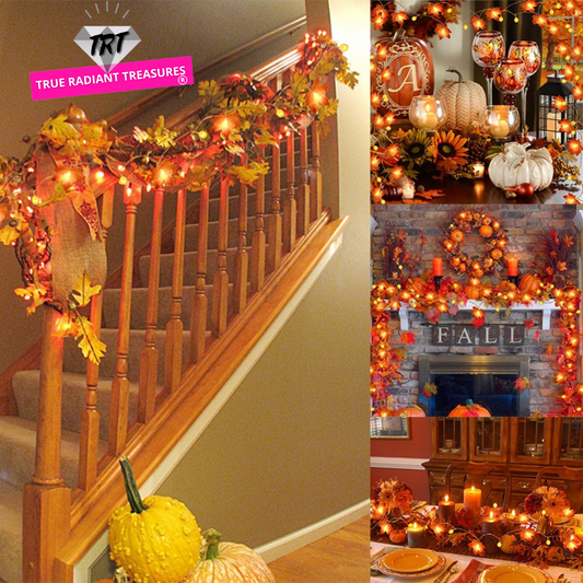 String Fall Garland with pretty leaves, ideal for Thanksgiving home decor, versatile for entryways, stairs, or table settings.