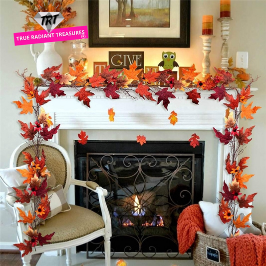 Maple Leaf String Decor featuring golden and silver leaves, perfect for adding a festive touch to Thanksgiving celebrations, versatile for placement on fireplace, door, or steps.