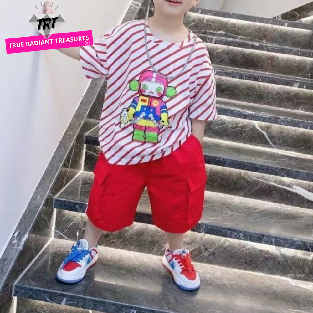 Image of a boy wearing a trendy Hiphop Shirt made from a comfortable blend of cotton and polyester. Available in stylish blue and red colors in various sizes, perfect for boys aged 1 to 12 years old. This shirt can be paired with their favorite rubber shoes for the ultimate cool and comfortable look. Order now and make your boys the coolest kids in school!