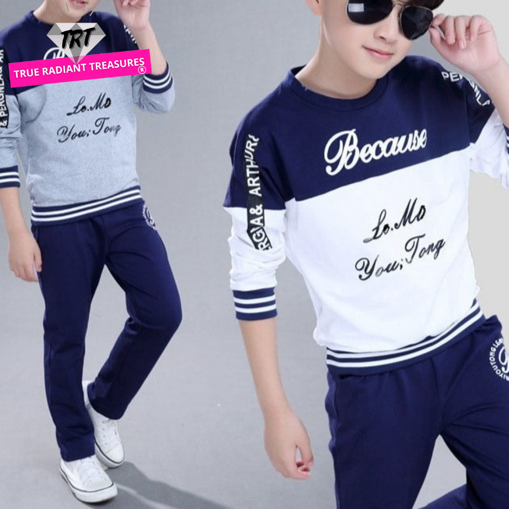 Boy wearing a casual clothing set made of 100% cotton and polyester, featuring a stylish combination of white and blue. Perfect for school, pair it with his favorite sneakers for a fashionable look.