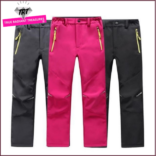 Waterproof Warm Trousers for boys, perfect for fall outdoor activities. Made of polyester and cotton for style, warmth, and comfort. Available in different colors. True-to-size fit based on waist size.