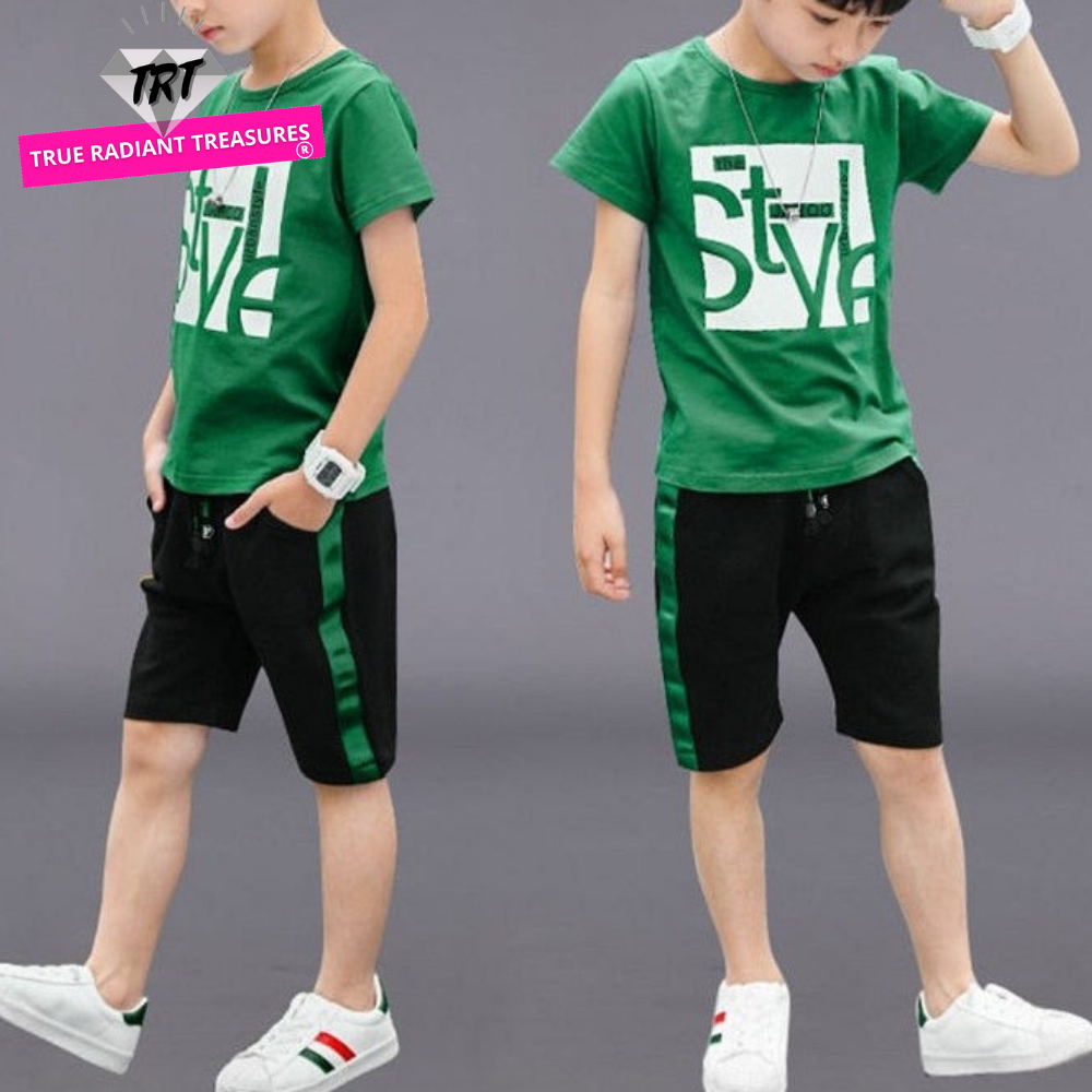 Image of a boy wearing a sports shirt and shorts in a fun design. Made from breathable cotton and polyester for comfort and durability during outdoor play and school sports activities.