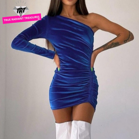 One Shoulder Velvet Tight Ruched Dress with asymmetrical design, sexy cutout, and ruched details on the bust. Perfect for any special occasion, this dress is made of soft velvet material and shows off your shapely form.