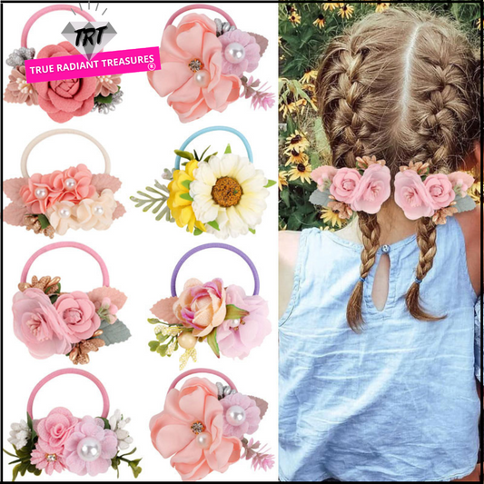 Colorful flower design elastic hair bands for girls, made of silk and acrylic, perfect for braids, ponytails, and hair styling