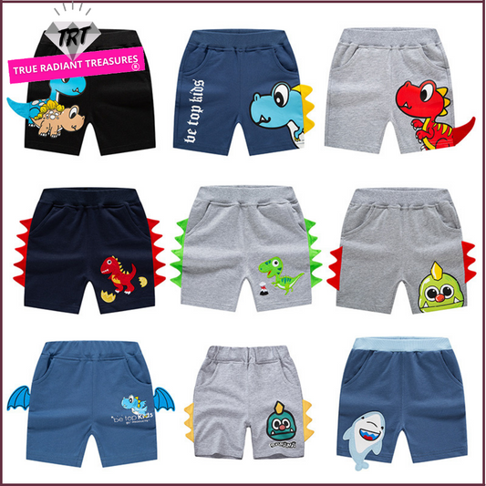 Cartoon Dinosaur Shorts for boys, various colors and sizes, perfect for dinosaur fans, fun and stylish addition to the wardrobe.