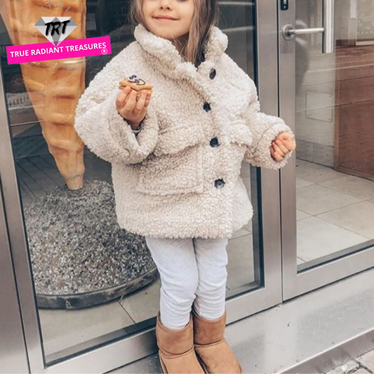 Girl's Fashion Winter Jacket made from polyester, wool, and blends to keep kids warm and dry. Available in white, brown, and pink, sizes for 1 to 12 years old. Order now to prepare for winter!